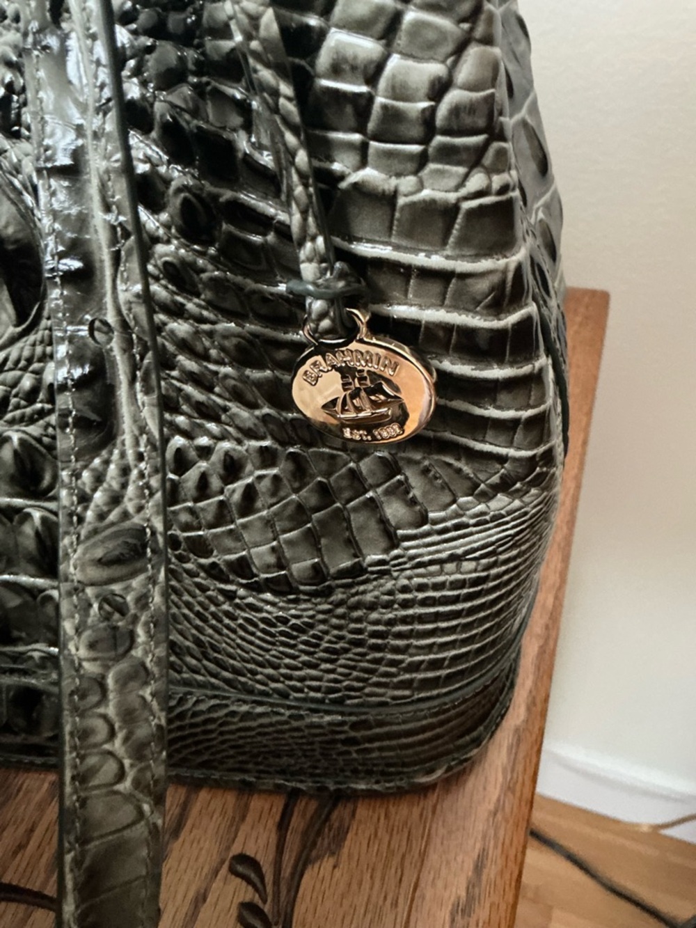 Brahmin Hunter Green Croc-Embossed Melbourne Bucket Bag, Gold Accents, dust bag - Picture 7 of 10